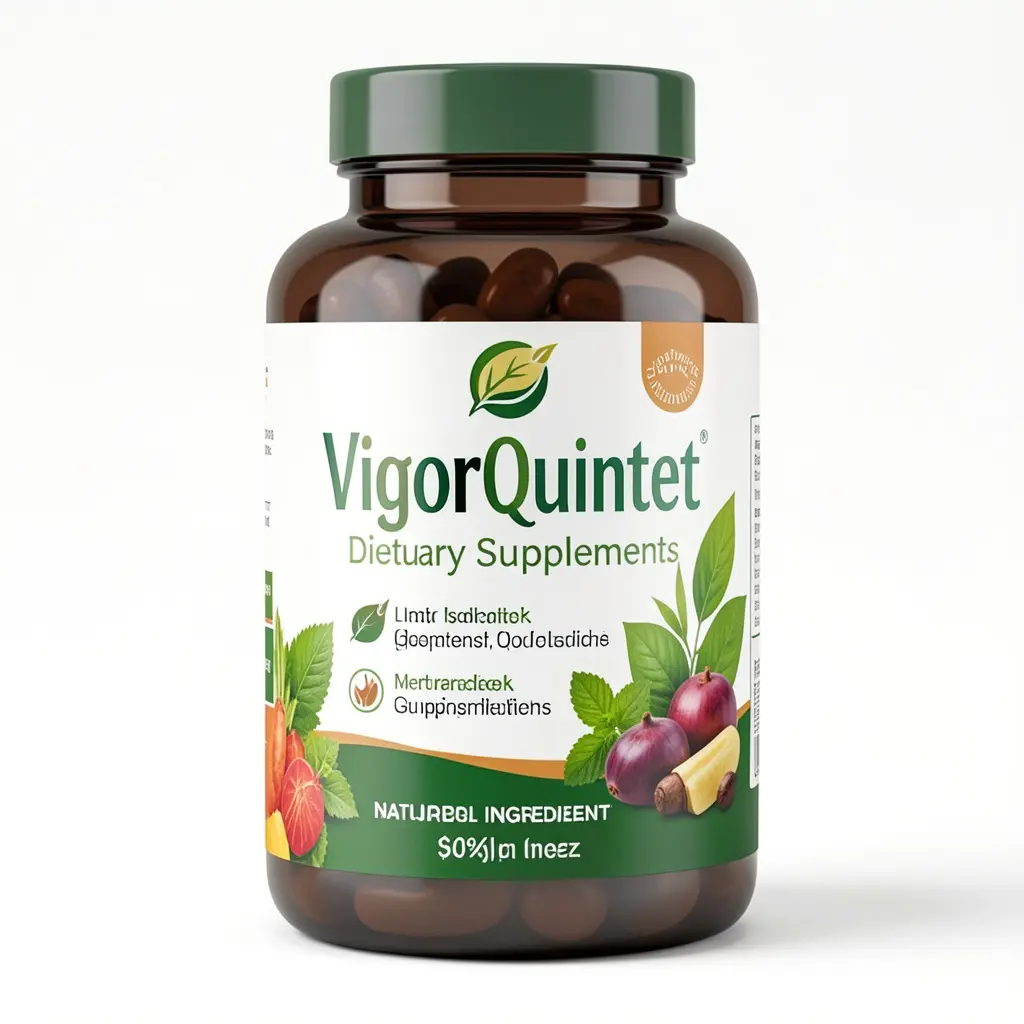 VigorQuintet dietary supplement bottle with natural ingredients label